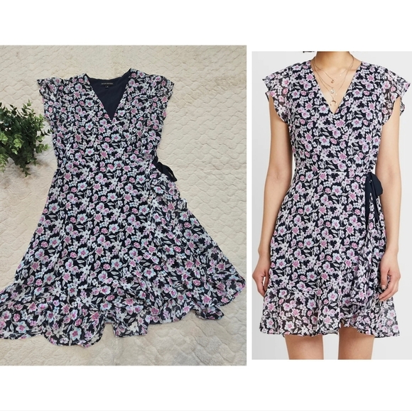 Banana Republic Dresses & Skirts - Banana Republic Navy-Blue Floral Faux-Wrap Ruffle Short Sleeve Dress, Size 6